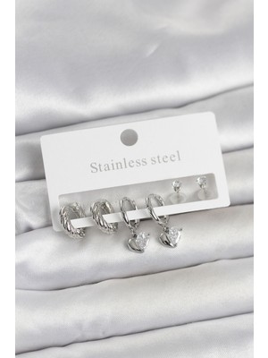 Değirmen Grup 316L Çelik Gümüş Renk Kalp Detaylı Kadın Küpe Seti - Lisinya