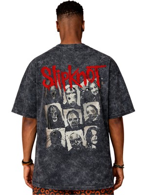 Sevbano Tasarım Slipknot Rock Metal Müzik Grubu Sırt Baskılı Unisex Oversize Vintage Yıkamalı Tişört