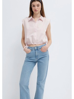 Mavi Çizgili Pembe Crop Bluz 1211472-91599