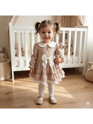 Wondress Kız Bebek Bej Çiçek Desenli Fiyonklu Elbise