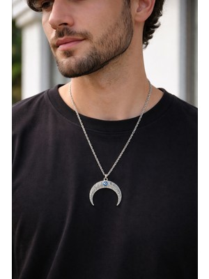 Herşey Nota Nazar Boncuklu Hilal Figürlü Çelik Kolye Gümüş Renk 60 cm Unisex
