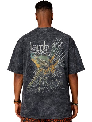 Sevbano Tasarım Lamb Of God Rock Metal Müzik Grubu Sırt Baskılı Unisex Oversize Vintage Yıkamalı Tişört