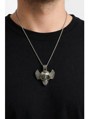 Herşey Nota Karanlıkta Parlayan Kanatlı Kuru Kafa Gümüş Renk Kolye I Unisex Metal