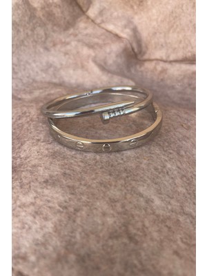 Değirmen Grup Gümüş Renk Çivi Kombin Bileklik Seti 2 Adet