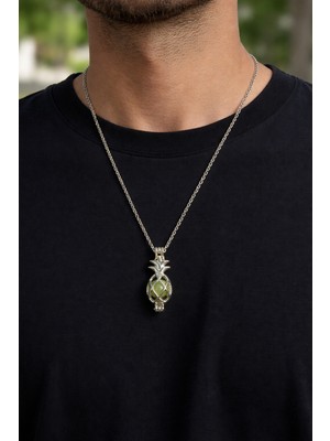 Herşey Nota Gümüş Renk Ananas Kolye Fosforlu Taşlı 60 cm Unisex Metal Zincir