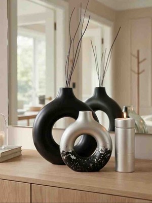 Luniva Home Dekoratif Gold + Siyah Renkli Varaklı Vazo Mumluk Seti.hediyelik Ev, Ofis  Dekor Seti