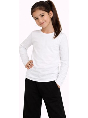 Marsilyan Kız Çocuk Basic Uzun Kollu Tişört Okul Günlük Rahat T-Shirt - Beyaz