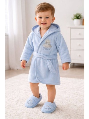 Aydede Kids Rkek Bebek Bornoz Seti Kapüşonlu Peluş Yumuşak Doku Kemerli Ev Giyim 0-3 Yaş