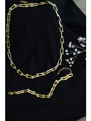 Hatıra Kutusu Gold Renk Kadın Kalın Zincir Takı Seti Kolye ve Bileklik 2li