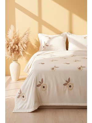 Ekru Lalezar Çift Kişilik Nakışlı Yatak Örtüsü Seti