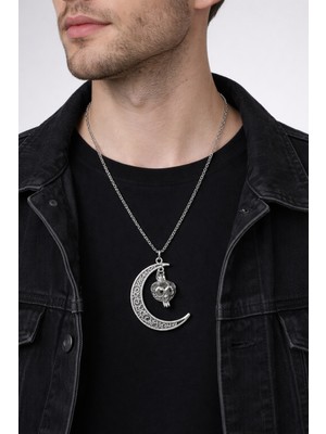 Herşey Nota Karanlıkta Parlayan Hilal Kafatası Vintage Gümüş Renk Unisex Kolye