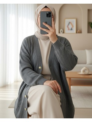 Moda Morfo Çapraz Çizgili Broş Düğmeli Triko Hırka -Füme