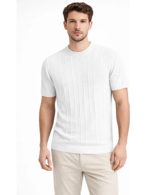 Lushiowear Erkek Yazlık Fitilli Triko Tişört Kısa Kol Bisiklet Yaka T-Shirt - Beyaz