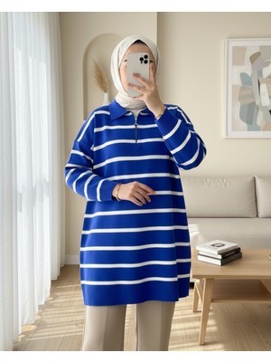Modamorfo Polo Yaka Fermuarlı Triko Tunik -Saks