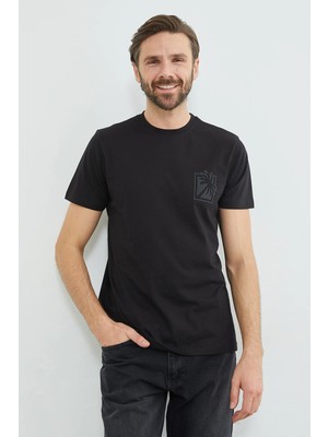 FullaModa Palmiye Kabartma Baskılı Bisiklet Yaka Tişört