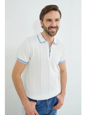 FullaModa Çizgili Yarım Fermuarlı Polo Yaka Triko Tişört