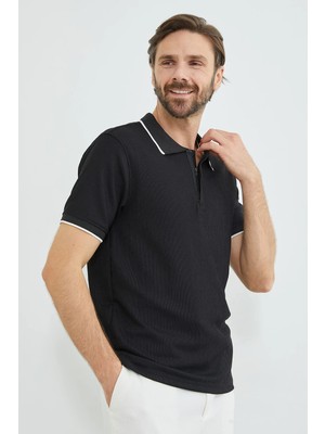 FullaModa Çizgili Yarım Fermuarlı Polo Yaka Tişört