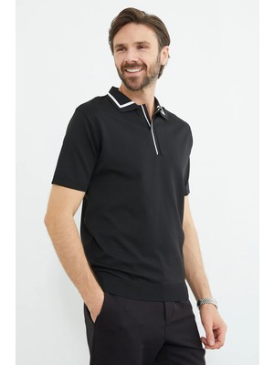 FullaModa Çizgili Apaş Yaka Triko Tişört