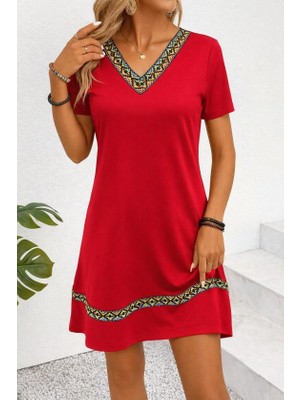 Passense Kadın Kısa Kollu V Yakalı Etnik Desen Şerit Detaylı Viskon Elbise