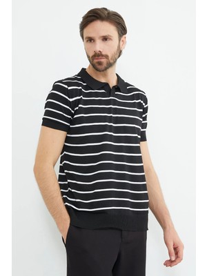 FullaModa Çizgili Apaş Yaka Triko Tişört