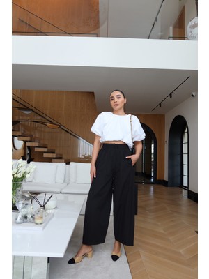 Özge Özgenç Beli Lastik ve Bağlamalı Geniş Paça Pantolon