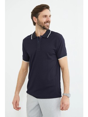 FullaModa Çizgili Yarım Fermuarlı Polo Yaka Tişört
