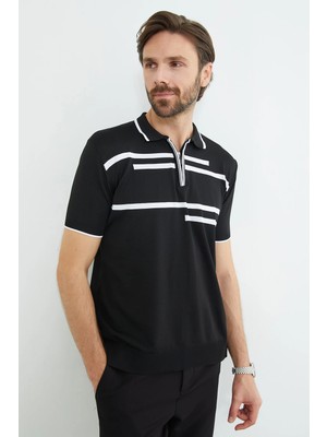 FullaModa Çizgili Yarım Fermuarlı Polo Yaka Triko Tişört