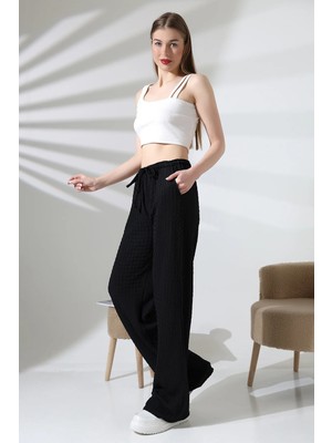 Modaplaza Kadın Jakar Kumaş Cepli Beli Lastikli Geniş Paça Salaş Pantolon 21959