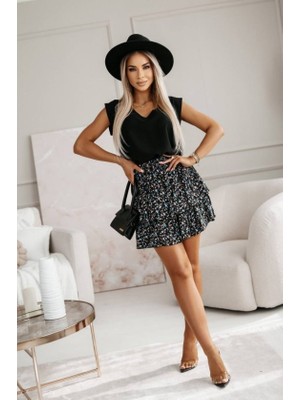 Kendim Fashion Kadın Üst Sandy Kumaş Bluz, Alt Çiçek Desenli Süprem Kumaş Etek Ikili Takım