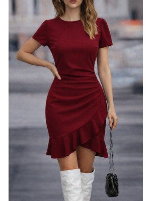 Arben Boutique Kadın Kısa Kollu Bisiklet Yaka Önden Volanlı Ithal Krep Elbise