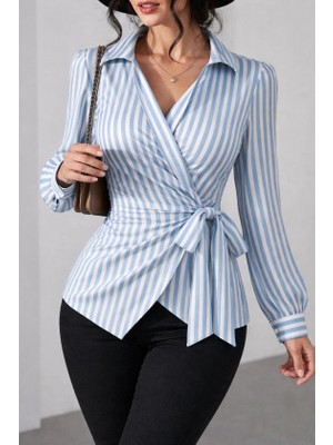 Gökyüzü Moda Kadın Çizgili Kruvaze Bağlamalı Gömlek