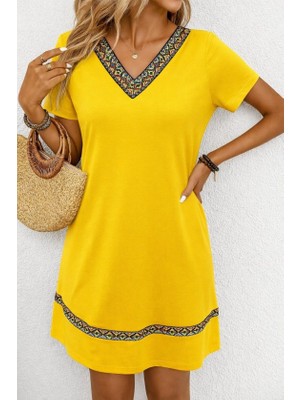 Arben Boutique Kadın Kısa Kollu V Yakalı Etnik Desen Şerit Detaylı Viskon Elbise