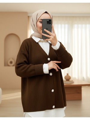 Moda Morfo Düğmeli Fitilli  Triko Hırka -Kahve