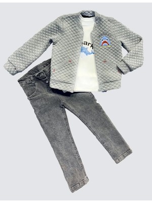 Senka 4-5-6 Yaş Kot Pantolonlu Pilot Mont Uzun Kollu Penye Sweat 3lü Erkek Çuk Takımı Gri
