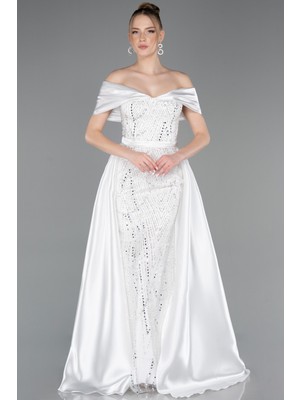 Abiyefon Saten Kayık Yaka Uzun Boncuklu Abiye Elbise ABU5400