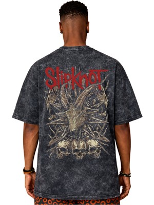 Sevbano Tasarım Slipknot Rock Metal Müzik Grubu Sırt Baskılı Unisex Oversize Vintage Yıkamalı Tişört