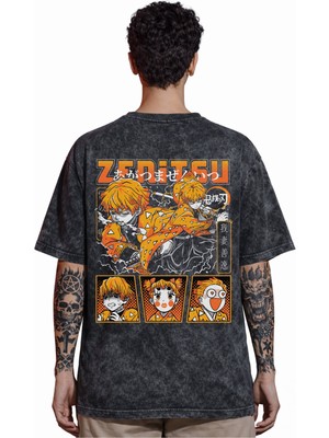 Sevbano Zenitsu Agatsuma Kimetsu No Yaiba Anime Sırt Baskılı Unisex Oversize Vintage Yıkamalı Tişört
