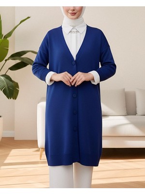Moda Morfo Düğmeli Kışlık Tesettür Triko Hırka     -Saks