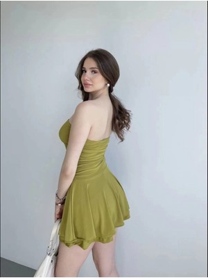 Senka Kadın Straplez Mini Etek Görünümlü Şortlu Elbise Büzgülü Şık Yazlık - Kırmızı