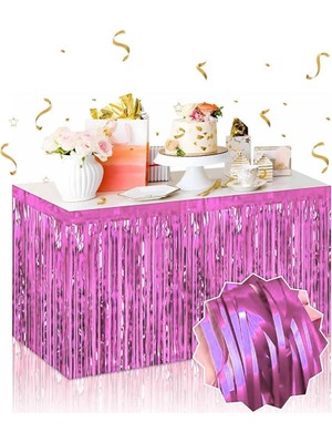 Cansa Kendinden Yapışkanlı Pembe Metalize Püsküllü Masa Eteği – 75 x 275 cm Parti Süslemesi