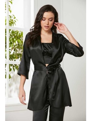 Pierre Cardin Siyah Saten 3'lü Pijama Takım 2075