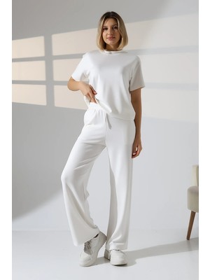 Modaplaza Kadın Yumuşak Dokulu Kısa Kol Tişört Geniş Paça Pantolon Alt Üst Takım 22056