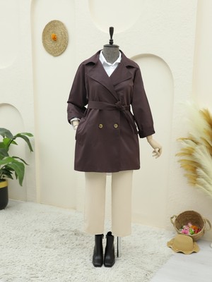 Modamorfo Bolero Detaylı Düğmeli Ara Boy Trençkot -Mürdüm