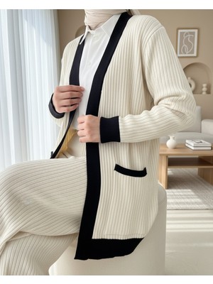 Modamorfo Çift Cepli Fitilli Triko Takım -Krem