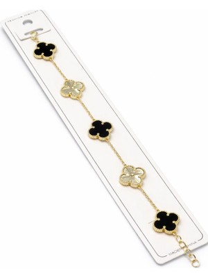 Stainles Steel Van Cleef Model Siyah Yonca Detaylı Gold Renk Çelik Bileklik – Kararma Yapmaz, Zarif Tasarım