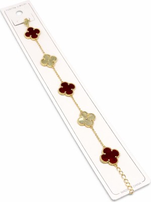 Stainles Steel Yonca Model Bordo Yonca Detaylı Çelik Bileklik – Altın Renk Paslanmaz Kadın Bileklik