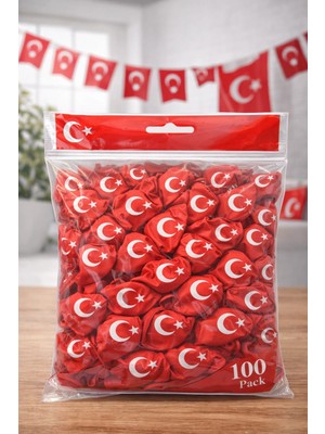 Cansa Ayyıldızlı Kırmızı Balon Seti Türk Bayraklı Parti Balonu Dayanıklı Latex Balon 100 Adet