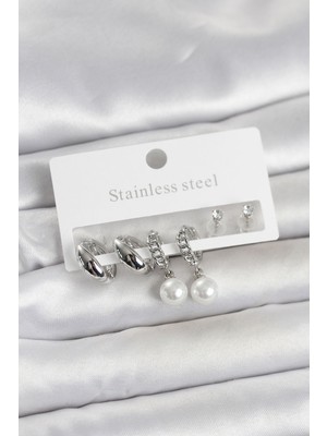 Callerrons Accessories Gümüş Renk Inci Halka Detaylı Kadın Küpe Seti - EBJ260404W41659