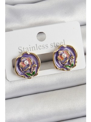 Callerrons Accessories Pirinç Mor Mineli Çiçek Figürlü Sanatsal Portre Model Gold Renk Kadın Küpe - EBJ260404W40354