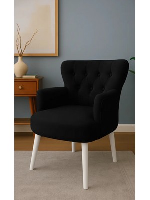 Waterybrook Tekli Berjer Koltuk - Kapitoneli Babyface Kumaş - Beyaz Ahşap Ayaklı -  Retro Modern Tasarım  - 14 Renk Seçeneği